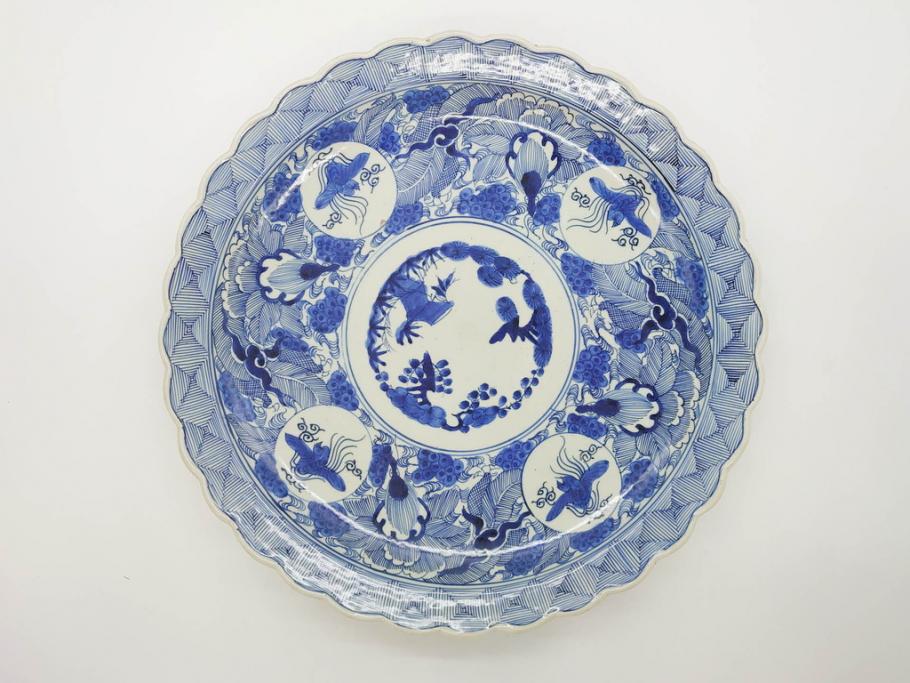 江戸期　古伊万里　線描　松竹梅　花鳥図　約45cm　1尺5寸　繊細に絵付けされた大皿(鳳凰、和皿、和食器、一尺5寸)(R‐077410)