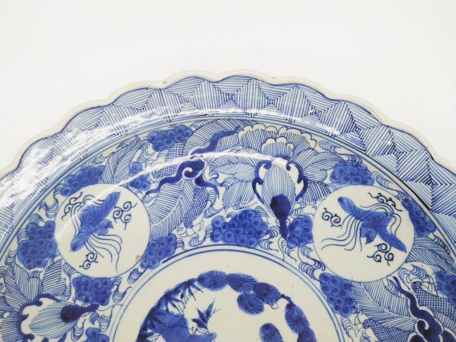 江戸期　古伊万里　線描　松竹梅　花鳥図　約45cm　1尺5寸　繊細に絵付けされた大皿(鳳凰、和皿、和食器、一尺5寸)(R‐077410)