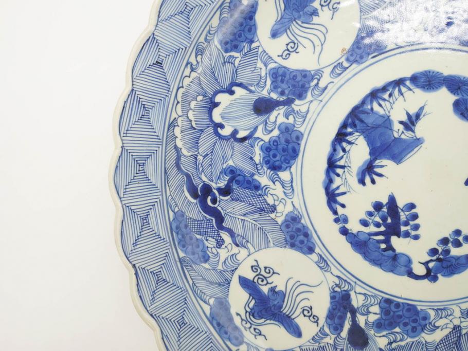 江戸期　古伊万里　線描　松竹梅　花鳥図　約45cm　1尺5寸　繊細に絵付けされた大皿(鳳凰、和皿、和食器、一尺5寸)(R‐077410)