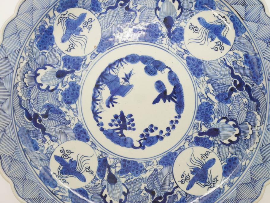 江戸期　古伊万里　線描　松竹梅　花鳥図　約45cm　1尺5寸　繊細に絵付けされた大皿(鳳凰、和皿、和食器、一尺5寸)(R‐077410)