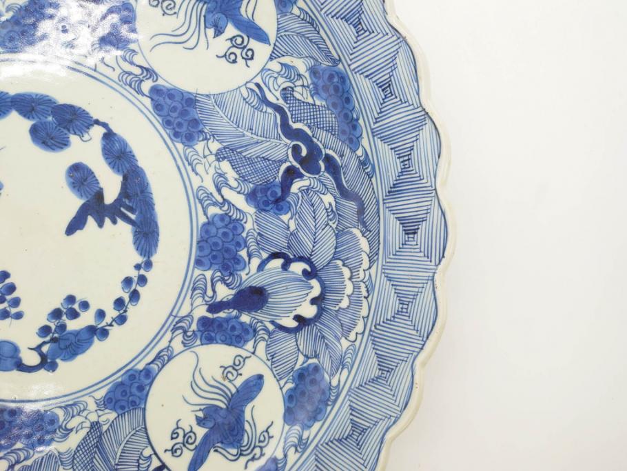 江戸期　古伊万里　線描　松竹梅　花鳥図　約45cm　1尺5寸　繊細に絵付けされた大皿(鳳凰、和皿、和食器、一尺5寸)(R‐077410)