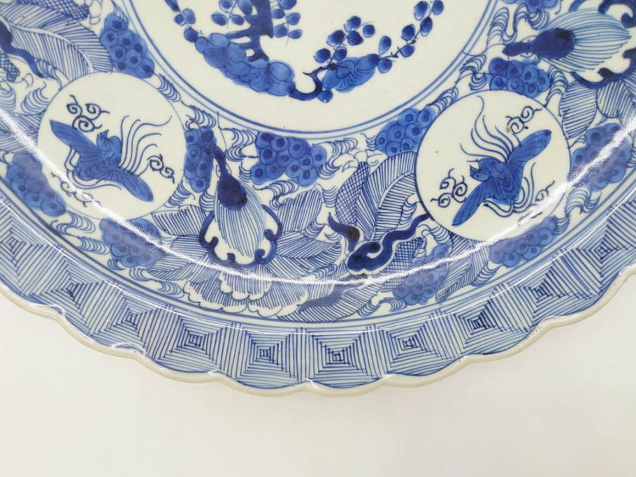 江戸期　古伊万里　線描　松竹梅　花鳥図　約45cm　1尺5寸　繊細に絵付けされた大皿(鳳凰、和皿、和食器、一尺5寸)(R‐077410)