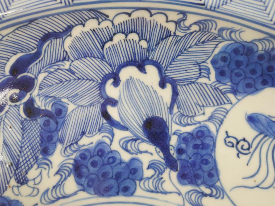 江戸期　古伊万里　線描　松竹梅　花鳥図　約45cm　1尺5寸　繊細に絵付けされた大皿(鳳凰、和皿、和食器、一尺5寸)(R‐077410)
