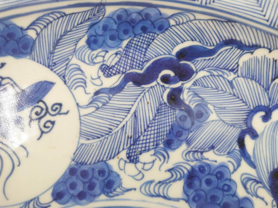 江戸期　古伊万里　線描　松竹梅　花鳥図　約45cm　1尺5寸　繊細に絵付けされた大皿(鳳凰、和皿、和食器、一尺5寸)(R‐077410)