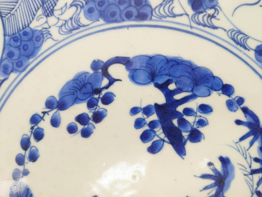 江戸期　古伊万里　線描　松竹梅　花鳥図　約45cm　1尺5寸　繊細に絵付けされた大皿(鳳凰、和皿、和食器、一尺5寸)(R‐077410)