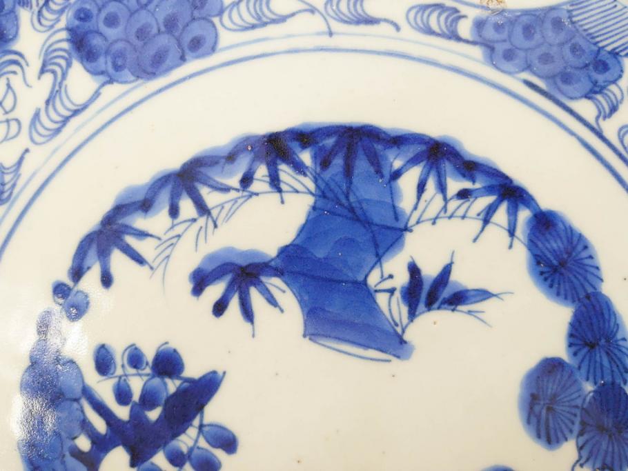 江戸期　古伊万里　線描　松竹梅　花鳥図　約45cm　1尺5寸　繊細に絵付けされた大皿(鳳凰、和皿、和食器、一尺5寸)(R‐077410)