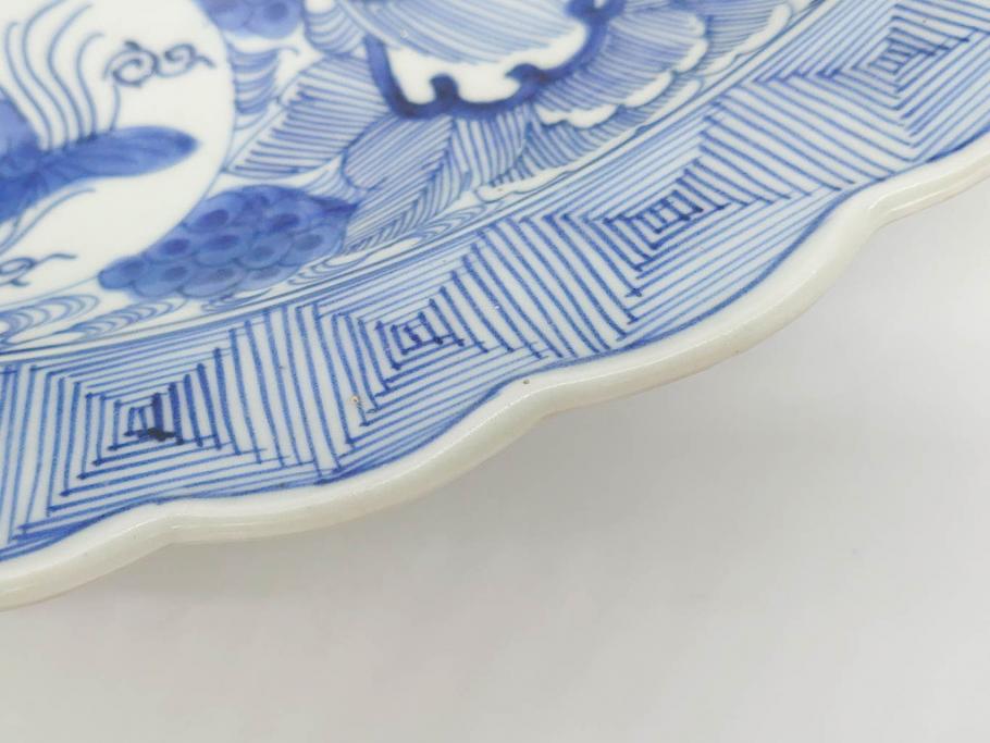 江戸期　古伊万里　線描　松竹梅　花鳥図　約45cm　1尺5寸　繊細に絵付けされた大皿(鳳凰、和皿、和食器、一尺5寸)(R‐077410)