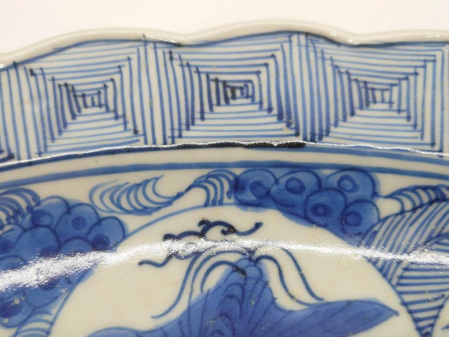 江戸期　古伊万里　線描　松竹梅　花鳥図　約45cm　1尺5寸　繊細に絵付けされた大皿(鳳凰、和皿、和食器、一尺5寸)(R‐077410)
