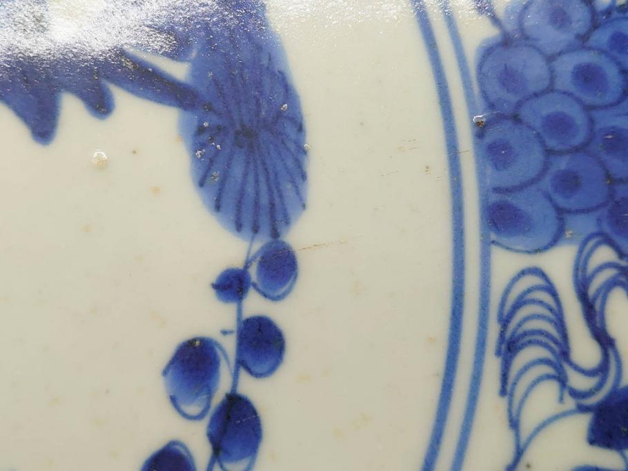 江戸期　古伊万里　線描　松竹梅　花鳥図　約45cm　1尺5寸　繊細に絵付けされた大皿(鳳凰、和皿、和食器、一尺5寸)(R‐077410)