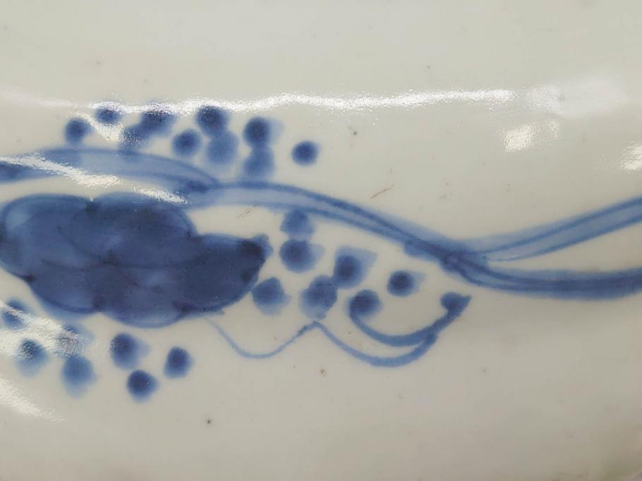 江戸期　古伊万里　線描　松竹梅　花鳥図　約45cm　1尺5寸　繊細に絵付けされた大皿(鳳凰、和皿、和食器、一尺5寸)(R‐077410)