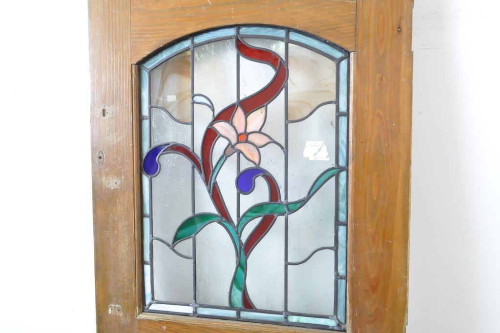 アンティーク建具　イギリスアンティーク　パイン材　異国の雰囲気がおしゃれなステンドグラスドア1枚(木製扉、玄関戸、玄関ドア)(R-063760)