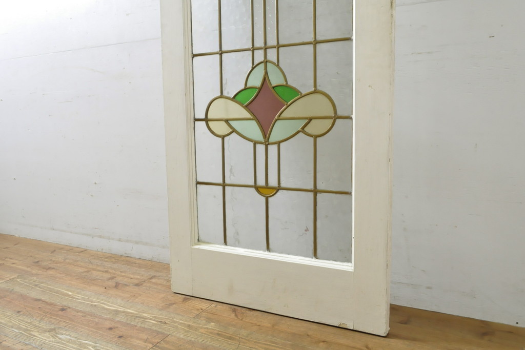 アンティーク建具　イギリスアンティーク　レトロなデザインがおしゃれなステンドグラスのドア1枚(ガラス扉、木製扉、玄関ドア)(R-063761)
