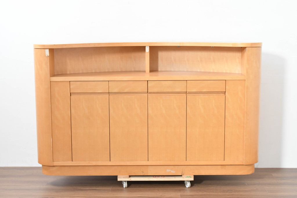 中古　希少な特注品　CONDE HOUSE(カンディハウス)　ビーチ材　図書室の両面使いラウンドカウンターテーブル(デスク、受け付け、受付カウンター、サイドボード)(製作費約90万円)(R-084266)