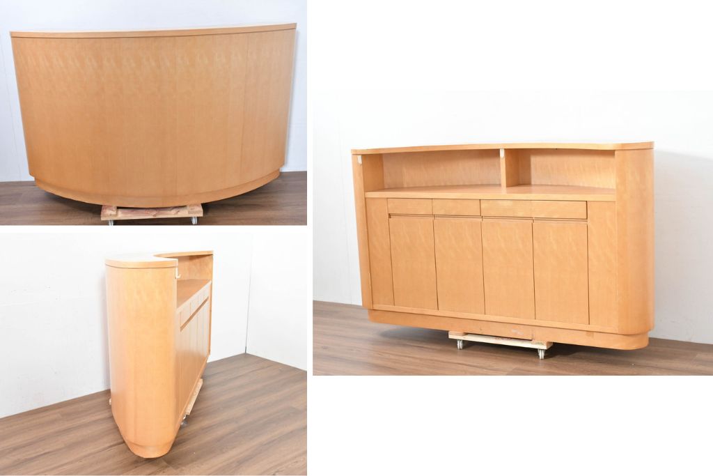 中古　希少な特注品　CONDE HOUSE(カンディハウス)　ビーチ材　図書室の両面使いラウンドカウンターテーブル(デスク、受け付け、受付カウンター、サイドボード)(製作費約90万円)(R-084266)