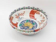 江戸期　古伊万里　上手物　色絵　二重角福　渦福　松竹梅・獅子図　約26cm　8.5寸　色鮮やかな絵付けが目を惹く深鉢(大鉢、八寸五分、和食器、和皿、深皿)(R-077389)