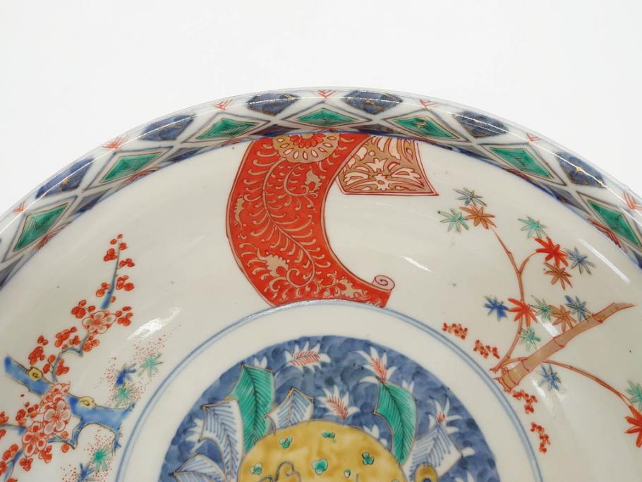 江戸期　古伊万里　上手物　色絵　二重角福　渦福　松竹梅・獅子図　約26cm　8.5寸　色鮮やかな絵付けが目を惹く深鉢(大鉢、八寸五分、和食器、和皿、深皿)(R-077389)