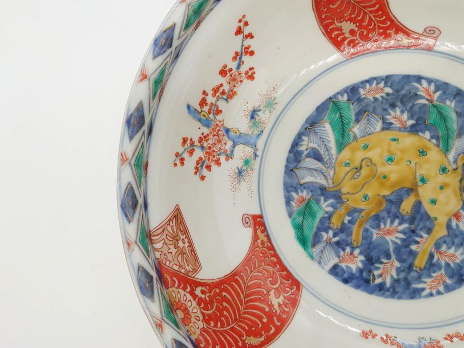 江戸期　古伊万里　上手物　色絵　二重角福　渦福　松竹梅・獅子図　約26cm　8.5寸　色鮮やかな絵付けが目を惹く深鉢(大鉢、八寸五分、和食器、和皿、深皿)(R-077389)