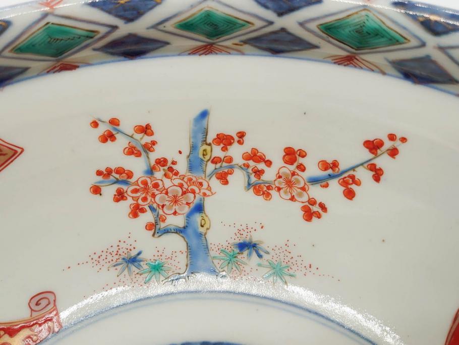 江戸期　古伊万里　上手物　色絵　二重角福　渦福　松竹梅・獅子図　約26cm　8.5寸　色鮮やかな絵付けが目を惹く深鉢(大鉢、八寸五分、和食器、和皿、深皿)(R-077389)