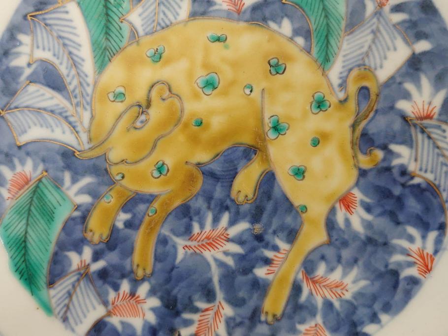 江戸期　古伊万里　上手物　色絵　二重角福　渦福　松竹梅・獅子図　約26cm　8.5寸　色鮮やかな絵付けが目を惹く深鉢(大鉢、八寸五分、和食器、和皿、深皿)(R-077389)