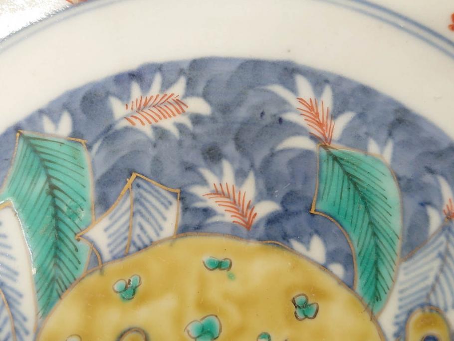 江戸期　古伊万里　上手物　色絵　二重角福　渦福　松竹梅・獅子図　約26cm　8.5寸　色鮮やかな絵付けが目を惹く深鉢(大鉢、八寸五分、和食器、和皿、深皿)(R-077389)