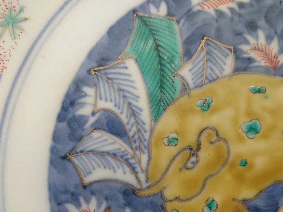 江戸期　古伊万里　上手物　色絵　二重角福　渦福　松竹梅・獅子図　約26cm　8.5寸　色鮮やかな絵付けが目を惹く深鉢(大鉢、八寸五分、和食器、和皿、深皿)(R-077389)