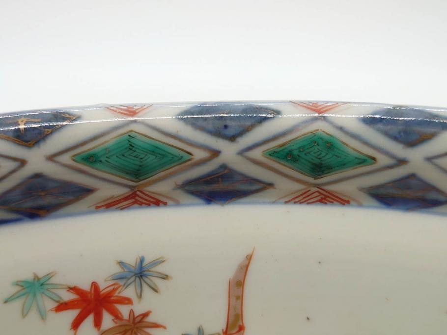 江戸期　古伊万里　上手物　色絵　二重角福　渦福　松竹梅・獅子図　約26cm　8.5寸　色鮮やかな絵付けが目を惹く深鉢(大鉢、八寸五分、和食器、和皿、深皿)(R-077389)