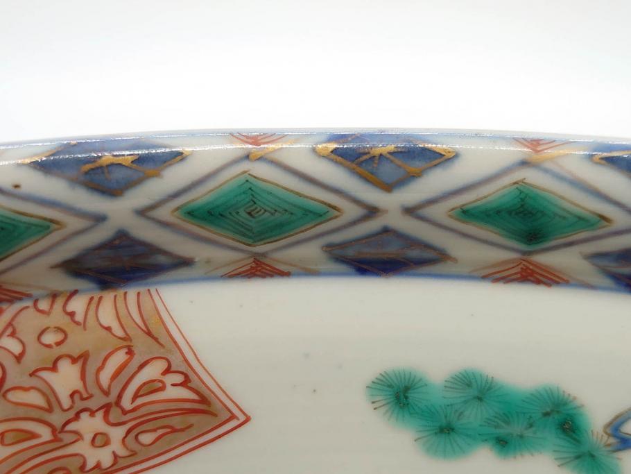 江戸期　古伊万里　上手物　色絵　二重角福　渦福　松竹梅・獅子図　約26cm　8.5寸　色鮮やかな絵付けが目を惹く深鉢(大鉢、八寸五分、和食器、和皿、深皿)(R-077389)
