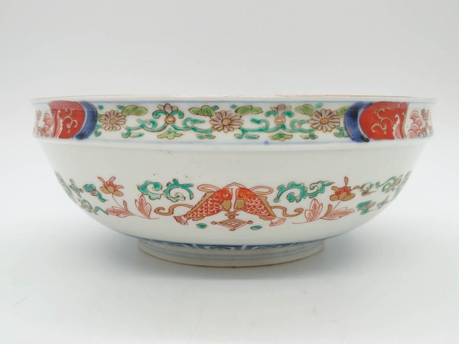 江戸期　古伊万里　上手物　色絵　二重角福　渦福　松竹梅・獅子図　約26cm　8.5寸　色鮮やかな絵付けが目を惹く深鉢(大鉢、八寸五分、和食器、和皿、深皿)(R-077389)