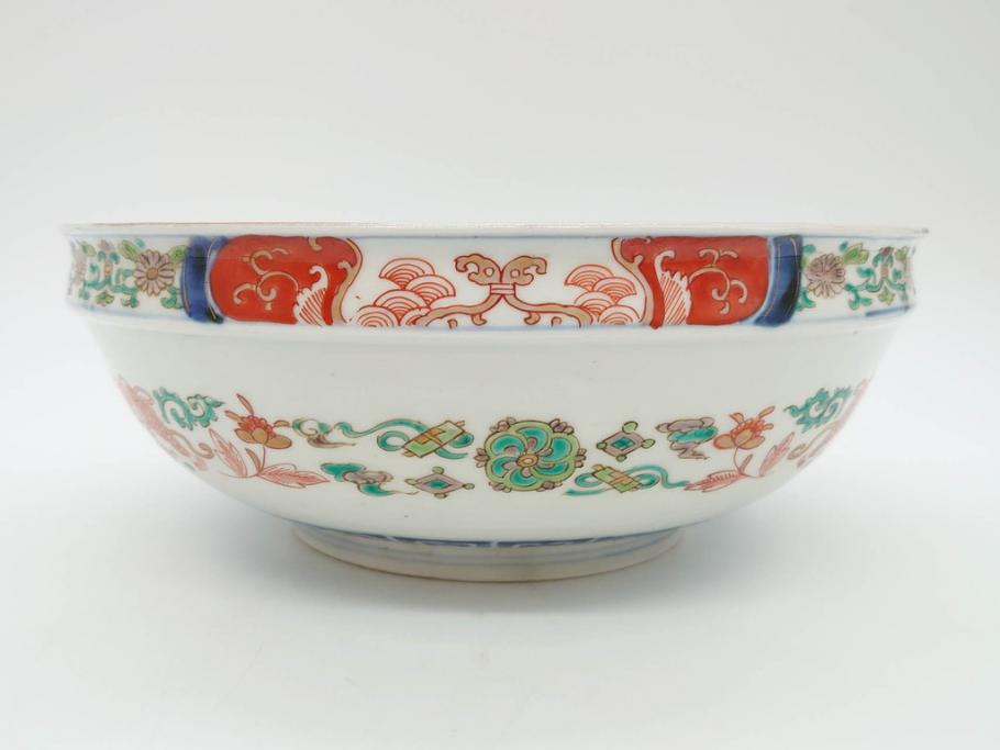 江戸期　古伊万里　上手物　色絵　二重角福　渦福　松竹梅・獅子図　約26cm　8.5寸　色鮮やかな絵付けが目を惹く深鉢(大鉢、八寸五分、和食器、和皿、深皿)(R-077389)