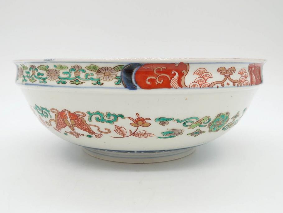江戸期　古伊万里　上手物　色絵　二重角福　渦福　松竹梅・獅子図　約26cm　8.5寸　色鮮やかな絵付けが目を惹く深鉢(大鉢、八寸五分、和食器、和皿、深皿)(R-077389)