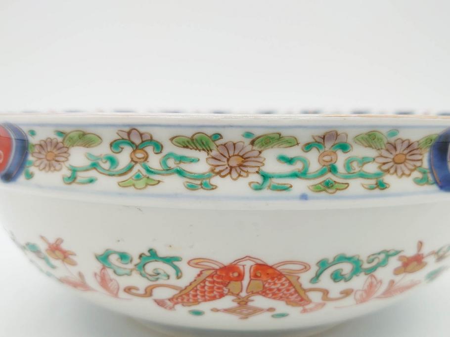 江戸期　古伊万里　上手物　色絵　二重角福　渦福　松竹梅・獅子図　約26cm　8.5寸　色鮮やかな絵付けが目を惹く深鉢(大鉢、八寸五分、和食器、和皿、深皿)(R-077389)