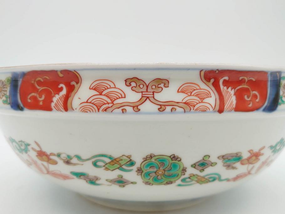 江戸期　古伊万里　上手物　色絵　二重角福　渦福　松竹梅・獅子図　約26cm　8.5寸　色鮮やかな絵付けが目を惹く深鉢(大鉢、八寸五分、和食器、和皿、深皿)(R-077389)