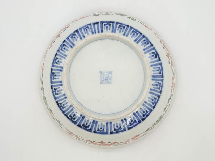江戸期　古伊万里　上手物　色絵　二重角福　渦福　松竹梅・獅子図　約26cm　8.5寸　色鮮やかな絵付けが目を惹く深鉢(大鉢、八寸五分、和食器、和皿、深皿)(R-077389)