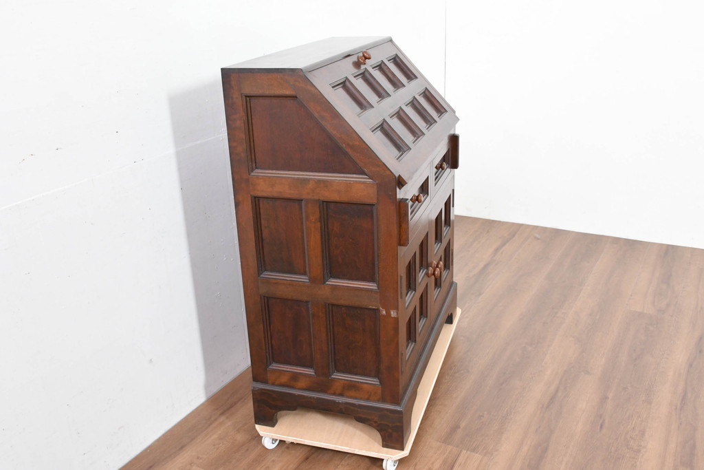 中古　美品　松本民芸家具　希少モデル　格子模様が特徴的なK型ライティングビューロー(ワークデスク、簿記机、収納棚、戸棚、在宅用、在宅ワーク用)(R-084262)