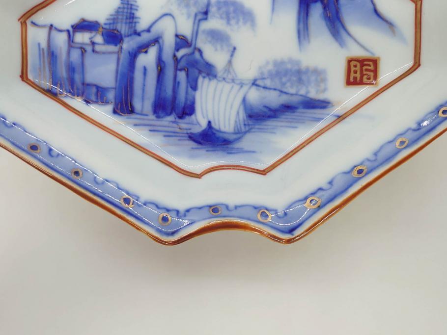 明治〜大正期　伊万里　染付　山水船図　約18cm　5.9寸　鮮やかな青に金と赤色が映える変形皿6枚セット(菱形、八角、金彩、五寸九分、和食器、和皿)(R-077409)
