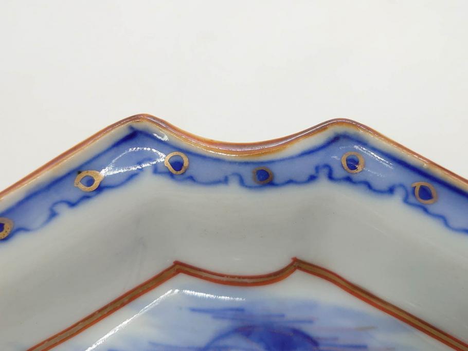 明治〜大正期　伊万里　染付　山水船図　約18cm　5.9寸　鮮やかな青に金と赤色が映える変形皿6枚セット(菱形、八角、金彩、五寸九分、和食器、和皿)(R-077409)