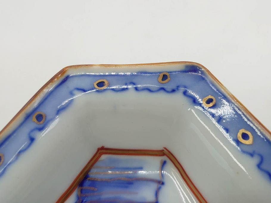 明治〜大正期　伊万里　染付　山水船図　約18cm　5.9寸　鮮やかな青に金と赤色が映える変形皿6枚セット(菱形、八角、金彩、五寸九分、和食器、和皿)(R-077409)