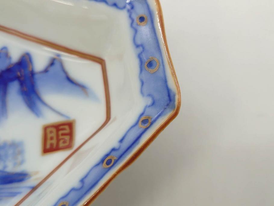 明治〜大正期　伊万里　染付　山水船図　約18cm　5.9寸　鮮やかな青に金と赤色が映える変形皿6枚セット(菱形、八角、金彩、五寸九分、和食器、和皿)(R-077409)