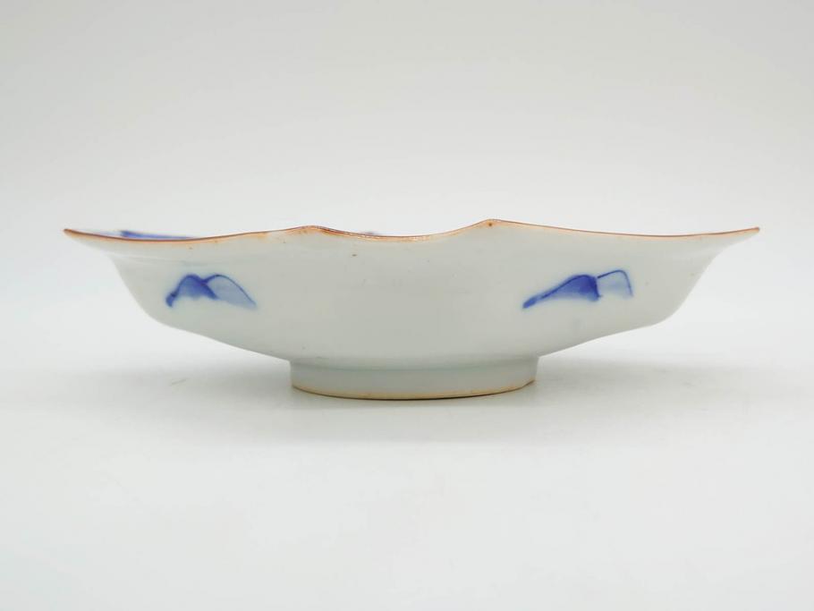 明治〜大正期　伊万里　染付　山水船図　約18cm　5.9寸　鮮やかな青に金と赤色が映える変形皿6枚セット(菱形、八角、金彩、五寸九分、和食器、和皿)(R-077409)
