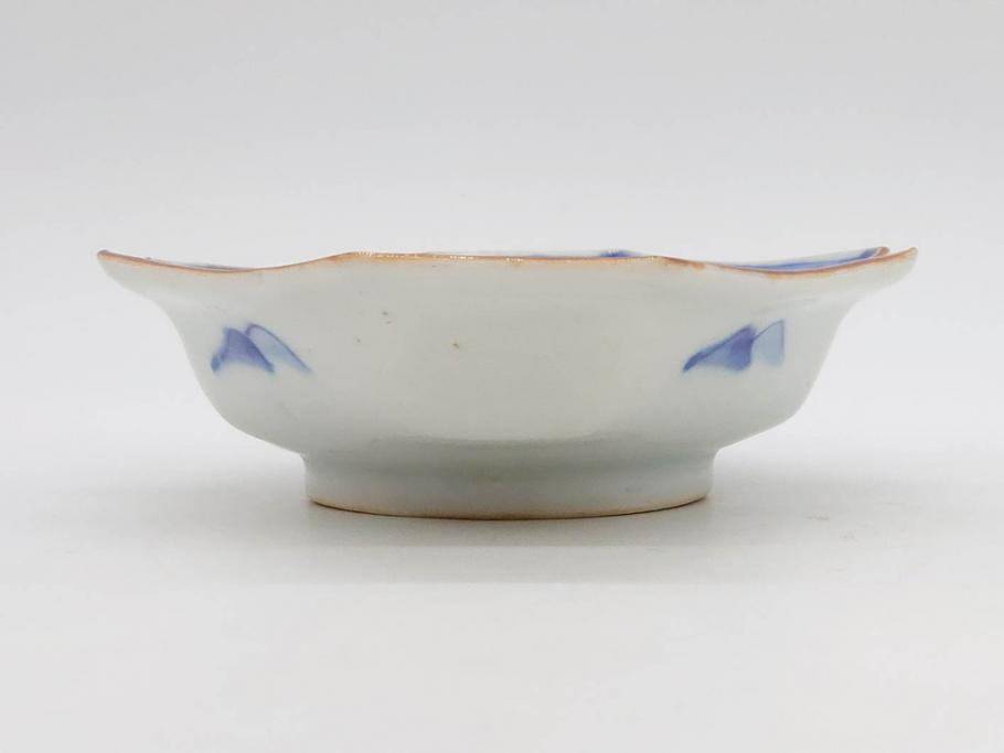 明治〜大正期　伊万里　染付　山水船図　約18cm　5.9寸　鮮やかな青に金と赤色が映える変形皿6枚セット(菱形、八角、金彩、五寸九分、和食器、和皿)(R-077409)
