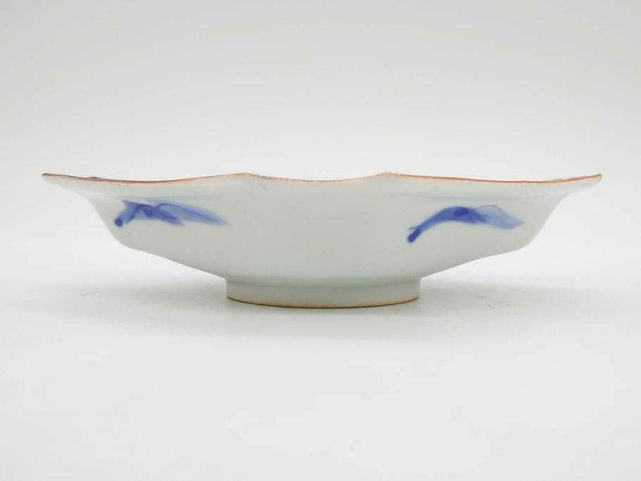 明治〜大正期　伊万里　染付　山水船図　約18cm　5.9寸　鮮やかな青に金と赤色が映える変形皿6枚セット(菱形、八角、金彩、五寸九分、和食器、和皿)(R-077409)