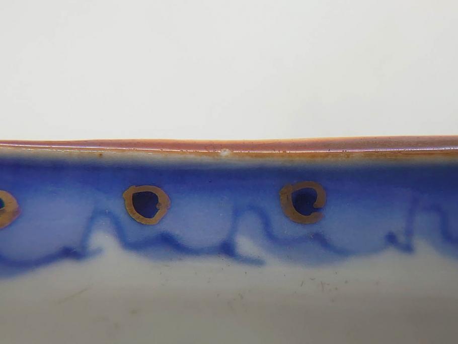 明治〜大正期　伊万里　染付　山水船図　約18cm　5.9寸　鮮やかな青に金と赤色が映える変形皿6枚セット(菱形、八角、金彩、五寸九分、和食器、和皿)(R-077409)