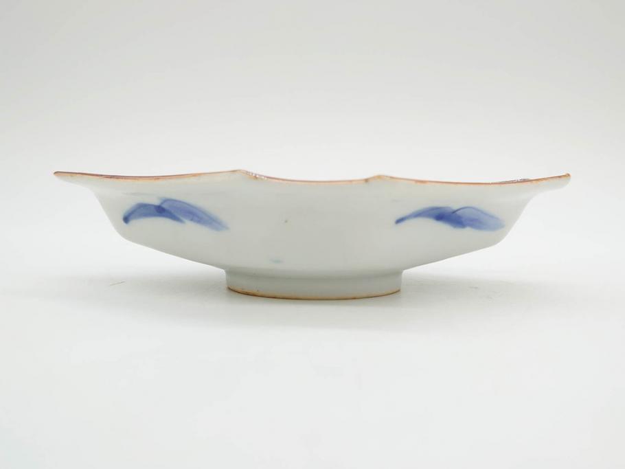 明治〜大正期　伊万里　染付　山水船図　約18cm　5.9寸　鮮やかな青に金と赤色が映える変形皿6枚セット(菱形、八角、金彩、五寸九分、和食器、和皿)(R-077409)