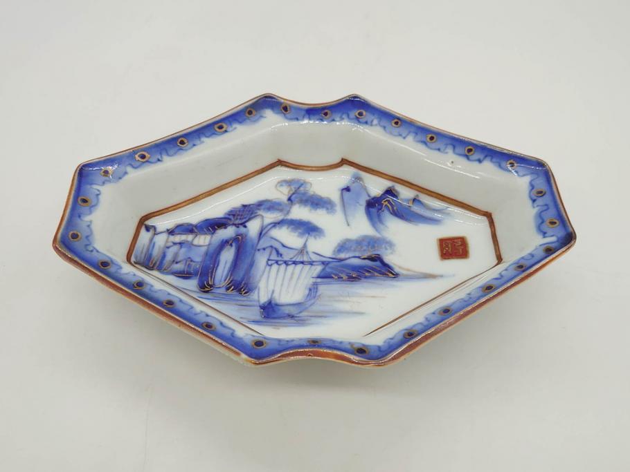 明治〜大正期　伊万里　染付　山水船図　約18cm　5.9寸　鮮やかな青に金と赤色が映える変形皿6枚セット(菱形、八角、金彩、五寸九分、和食器、和皿)(R-077409)