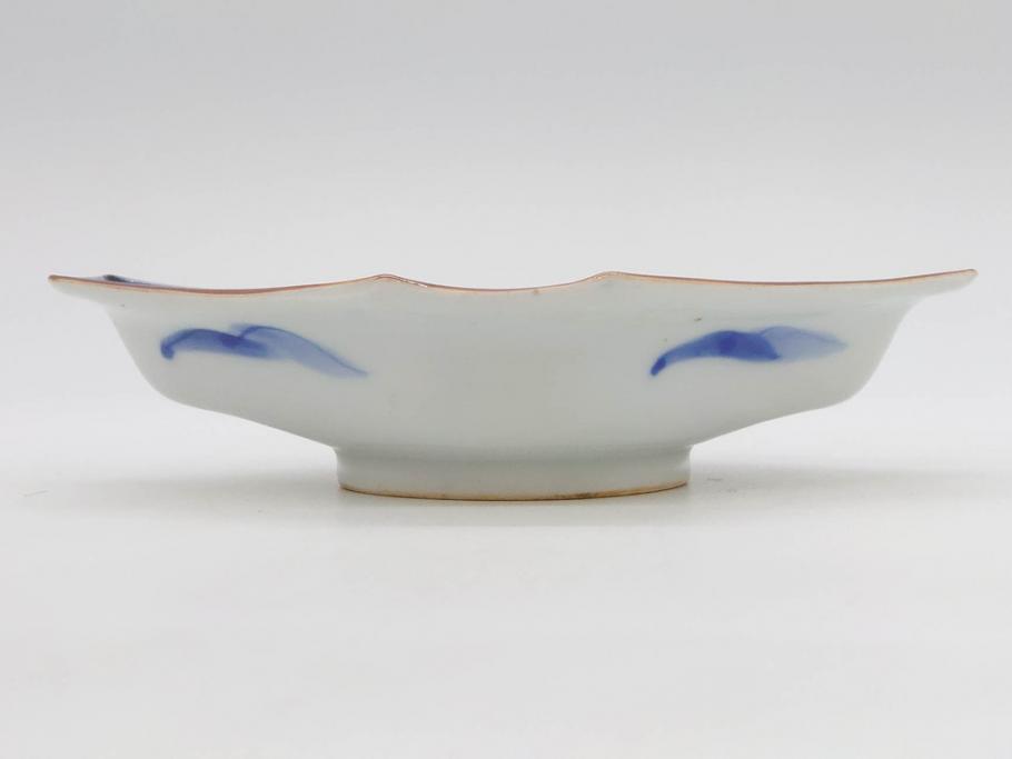 明治〜大正期　伊万里　染付　山水船図　約18cm　5.9寸　鮮やかな青に金と赤色が映える変形皿6枚セット(菱形、八角、金彩、五寸九分、和食器、和皿)(R-077409)
