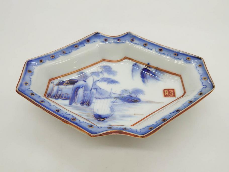 明治〜大正期　伊万里　染付　山水船図　約18cm　5.9寸　鮮やかな青に金と赤色が映える変形皿6枚セット(菱形、八角、金彩、五寸九分、和食器、和皿)(R-077409)