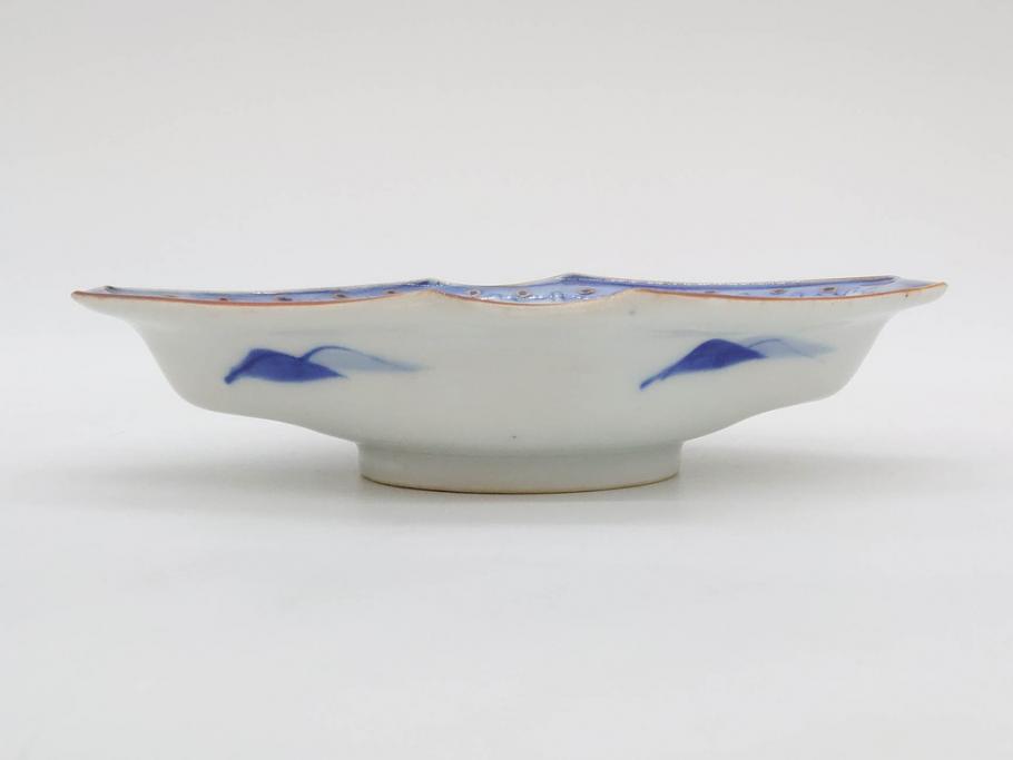 明治〜大正期　伊万里　染付　山水船図　約18cm　5.9寸　鮮やかな青に金と赤色が映える変形皿6枚セット(菱形、八角、金彩、五寸九分、和食器、和皿)(R-077409)