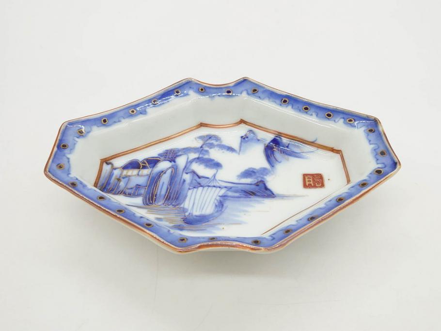 明治〜大正期　伊万里　染付　山水船図　約18cm　5.9寸　鮮やかな青に金と赤色が映える変形皿6枚セット(菱形、八角、金彩、五寸九分、和食器、和皿)(R-077409)