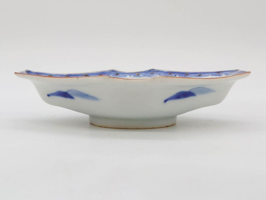 明治〜大正期　伊万里　染付　山水船図　約18cm　5.9寸　鮮やかな青に金と赤色が映える変形皿6枚セット(菱形、八角、金彩、五寸九分、和食器、和皿)(R-077409)