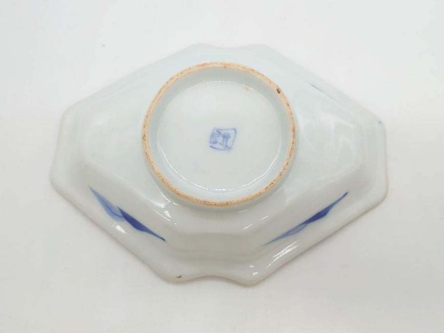 明治〜大正期　伊万里　染付　山水船図　約18cm　5.9寸　鮮やかな青に金と赤色が映える変形皿6枚セット(菱形、八角、金彩、五寸九分、和食器、和皿)(R-077409)
